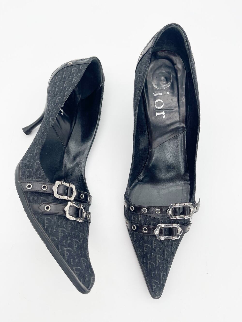 Dior Vintage Galliano Era Black Charcoal Oblique Monogram Buckle Pumps EU 42